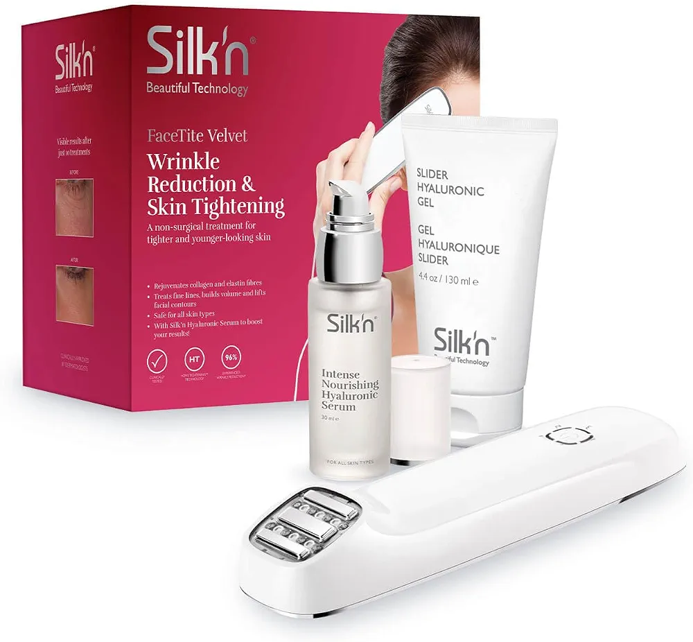 Silk'n appareil de soin du visage - FaceTite Velvet - Réduction des rides - Restaure les fibres de collagène et d'élastine - Avec serum - Blanc