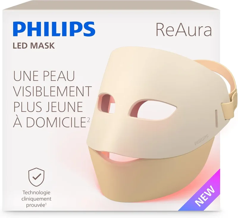 Philips ReAura – masque LED 3-en-1 visage, contour des yeux et cou, 3 modes spécialisés, technologie lumières bleue, rouge et proche infrarouge cliniquement prouvée¹, design souple, 10 min, LTM7100/00