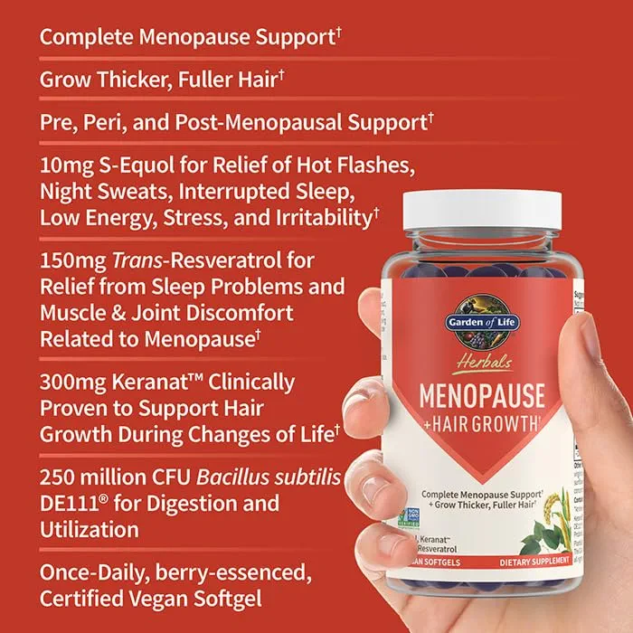 Garden of Life Herbals Complément alimentaire pour la ménopause avec S-equol et trans-resvératrol pour soulager les symptômes multiples, kéranat pour une croissance des cheveux plus épais et plus