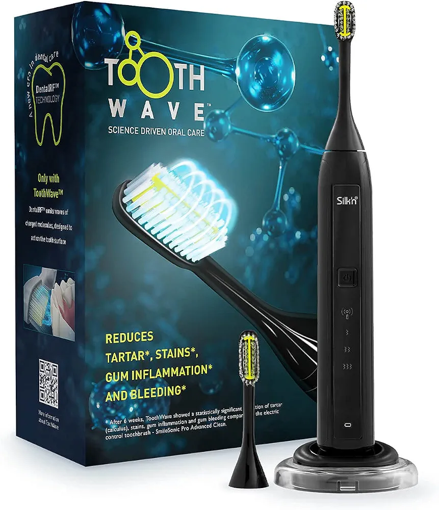 SILK'N Toothwave Brosse à dents électrique - Technologie anti-décoloration et tartre - 48 000 vibrations par p.m. - Noir
